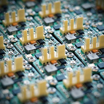 Detailed image of electronic microprocessor boards with components in focus.